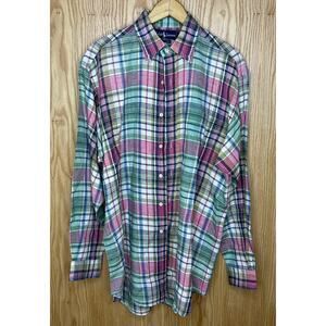 Vintage Polo Ralph Lauren 1990s Plaid Linen Shirt Button Up Men's Large Green